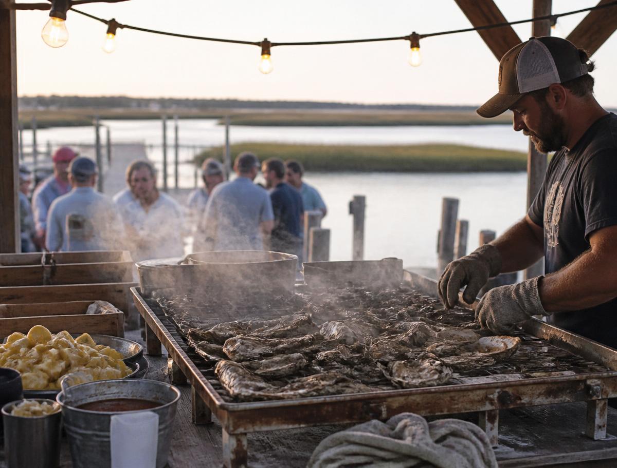 Lowcountry oyster roast at dusk near the marsh
