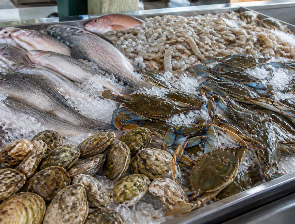 Fresh seafood market display on ice