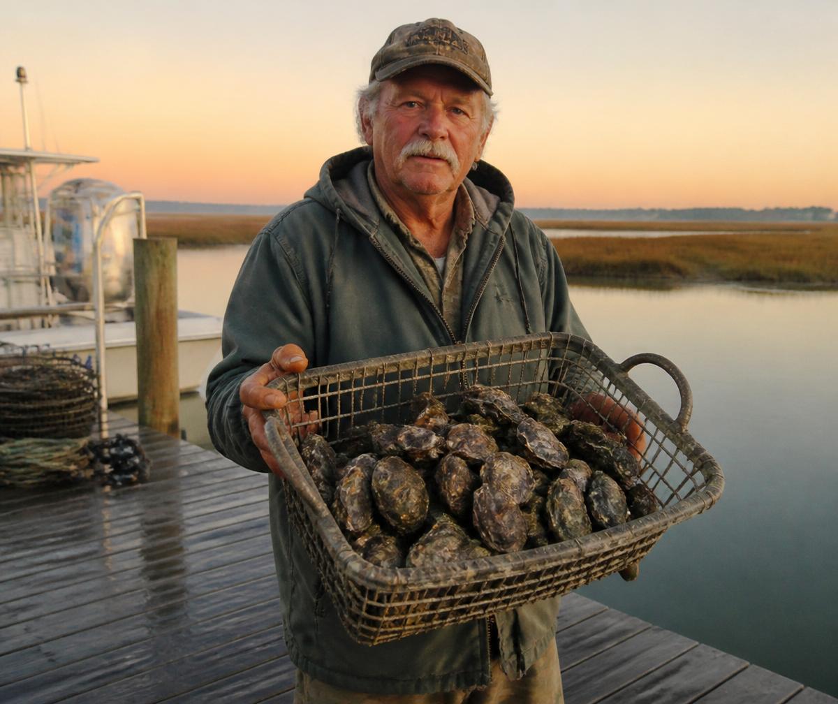 Local South Carolina waterman holding a basket of fresh oysters at dawn